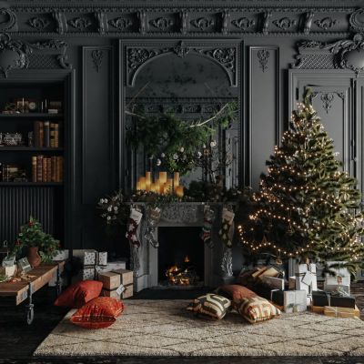欧式客厅，壁炉，圣诞树，背景墙3D模型