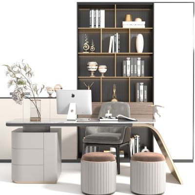 办公桌，办公椅，电脑，绿色盆栽，时尚摆件，书柜