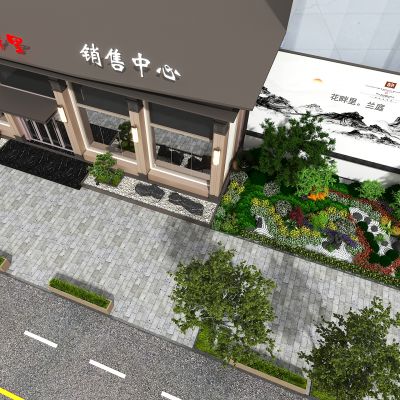 新中式售楼部门头_室外花坛