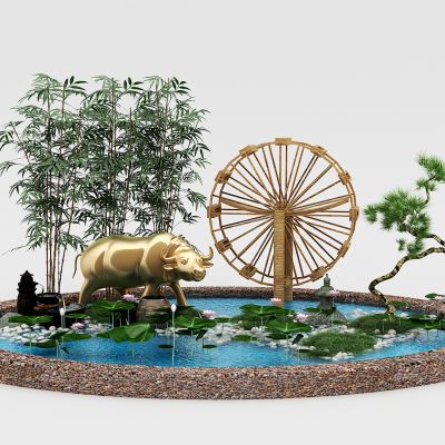 新中式庭院景观小品_荷花_水池_水牛_水车