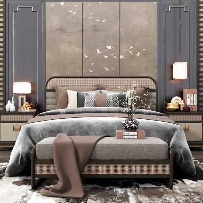 新中式禅意双人床组合_床头柜_藤编中式高档床_背景墙_装饰品