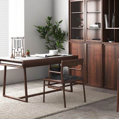 新中式书房,书桌椅组合，书柜