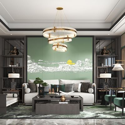 新中式客厅，沙发茶几组合，吊灯，书架