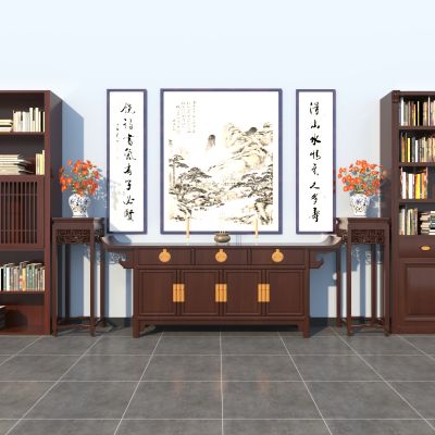 中式书柜博古架条案端景台祠堂挂画