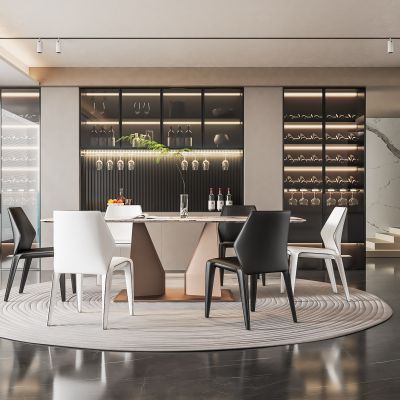  现代家居餐厅 无主灯餐厅 餐桌椅组合 酒柜 地毯 饰品