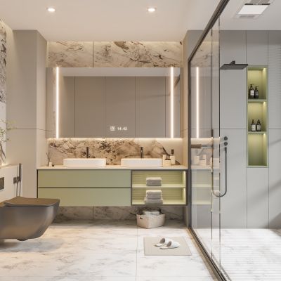  现代卫生间 马桶 浴室柜 洗脸盆 镜子 坐便器 沐浴房 摆件