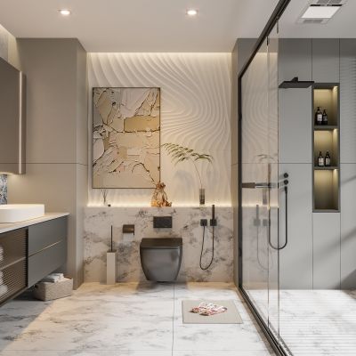 现代卫生间 马桶 浴室柜 洗脸盆 镜子 坐便器 沐浴房 摆件