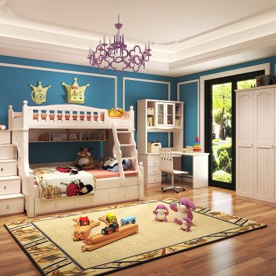 欧式儿童房卧室，上下床，衣柜，玩具，书桌椅