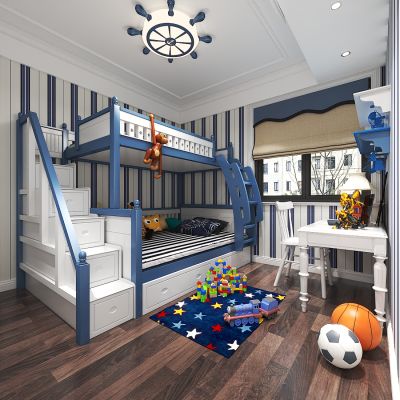 地中海儿童房，上下床，书桌椅，玩具