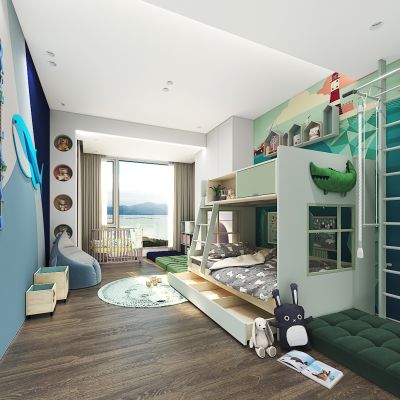 现代儿童房上下床，玩具，攀爬梯