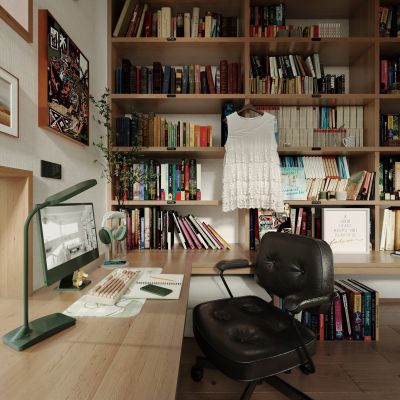 现代原木色别墅书房