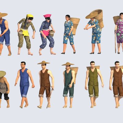 中式农民农耕人物水牛耕田犁地人