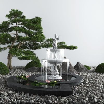 庭院小品，喷泉，松树