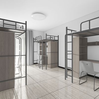 现代员工宿舍，有书柜和书桌的高低床