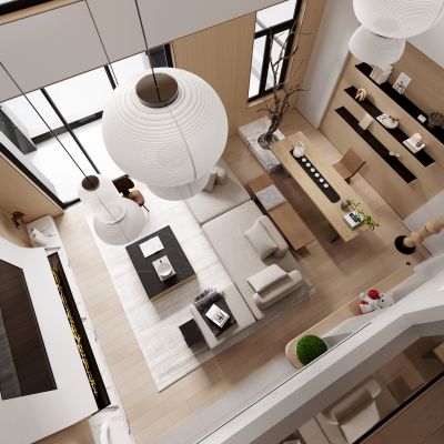 现代原木色别墅客餐厅