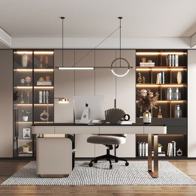 现代书房，书桌椅组合，书柜，书箱饰品摆