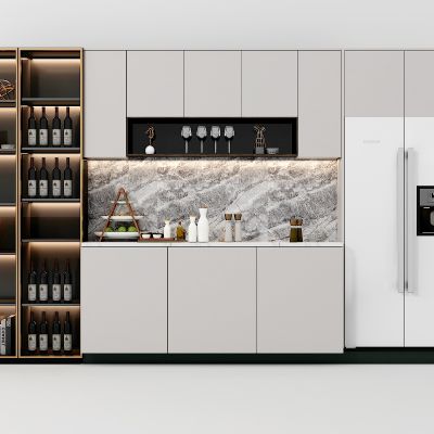 现代酒柜,冰箱，食品摆件，酒瓶饰品摆件