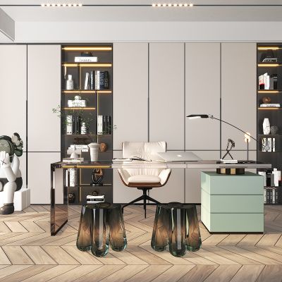 现代书房，书桌椅组合，书柜，雕塑摆件