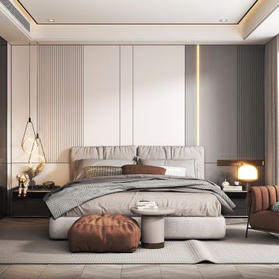 现代卧室，双人床，衣柜，休闲椅