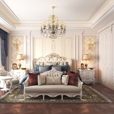 简欧卧室，双人床组合，衣柜，吊灯，床头背景，休闲椅