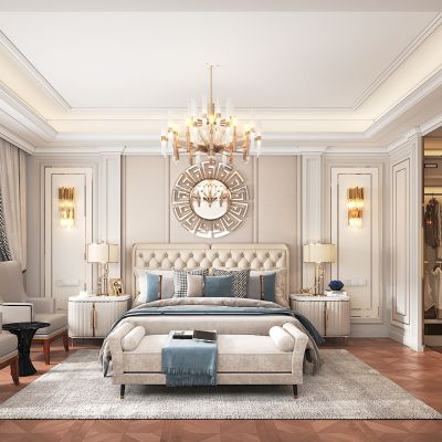简欧卧室，双人床组合，衣柜，吊灯，床头背景，休闲椅