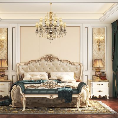 简欧卧室，双人床组合，衣柜，吊灯，床头背景