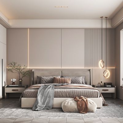 现代卧室，双人床，衣柜，玩偶