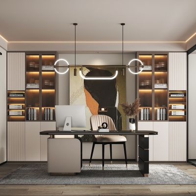 现代书房，书桌椅，书柜，植物，吊灯，玻璃谷仓门