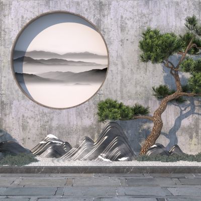新中式园艺小品松树假山禅意景观