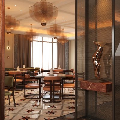 现代西餐厅，餐桌椅组合，雕塑，吊灯，壁灯