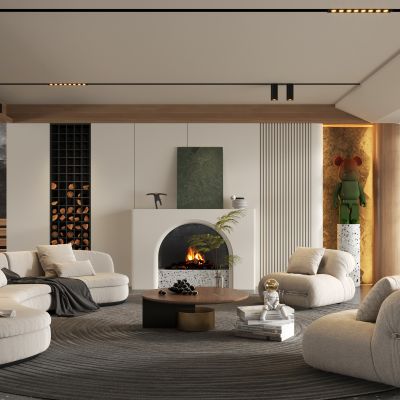 现代奶油客厅，弧形沙发，休闲椅，茶几，植物，楼梯，工艺摆件