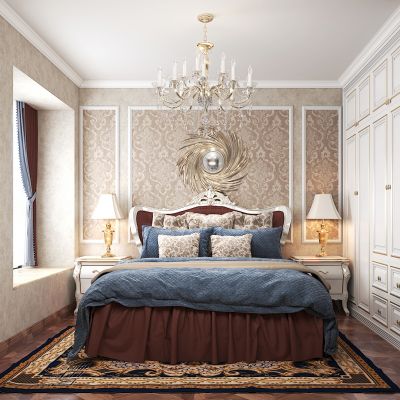 简欧双人床组合，双人床，衣柜，吊灯