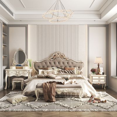 简欧卧室，双人床，衣柜，床榻，窗帘,吊灯