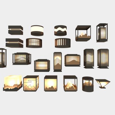 现代中式草坪灯 地灯 柱头灯 景观灯3d模型组合