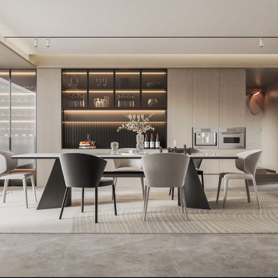  现代家居餐厅 无主灯餐厅 餐桌椅组合 酒柜 地毯 饰品