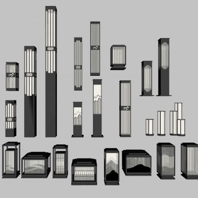 现代中式户外草坪灯 庭院灯 景观灯3d模型组合