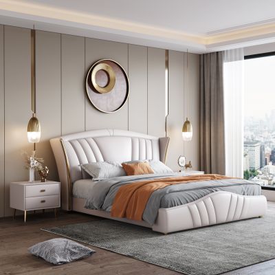 现代卧室，皮床，软包床