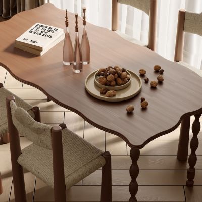 侘寂餐桌椅组合_木地板_窗帘_纱帘