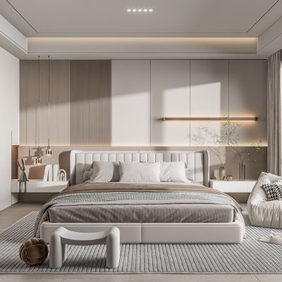 现代风格卧室 双人床 饰品 休闲椅 床头吊灯 造形吊顶 衣柜