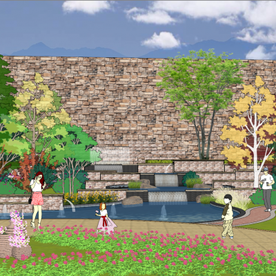 景观水景，景观叠水，景墙，水景，植物造景