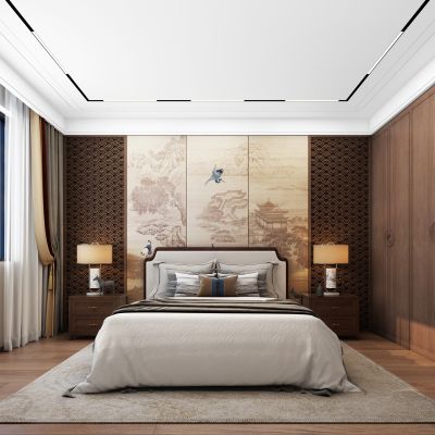 新中式卧室，新中式摆件饰品，卧室背景，家具