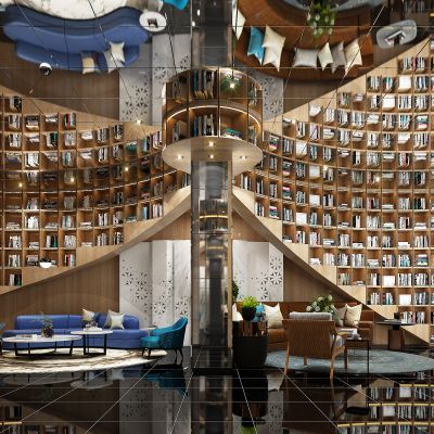 接待大厅休息区，书吧，书架，书屋，沙发组合