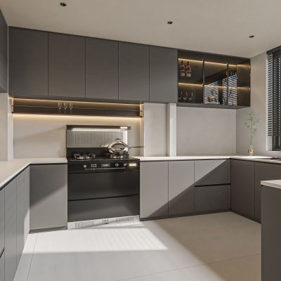 现代厨房 厨房设备 洗菜盆 集成灶 玻璃柜门