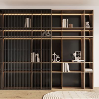 侘寂，书柜，黑钢，原木