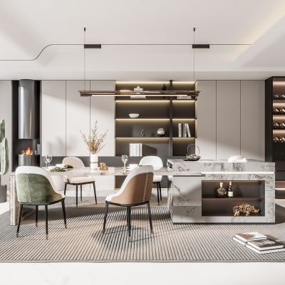  现代家居餐厅 餐桌岛台组合 酒柜 地毯 灯具 饰品