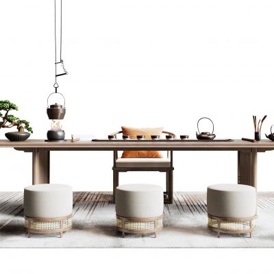 新中式茶桌椅组合 凳子 茶具 茶壶 单椅 地毯