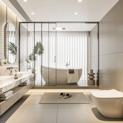  现代卫生间 马桶 浴室柜 洗脸盆 镜子 梦幻帘 浴缸 摆件