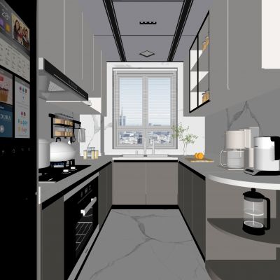 现代厨房 厨房设备 洗菜盆 烟机灶具 冰箱 电器 玻璃柜门