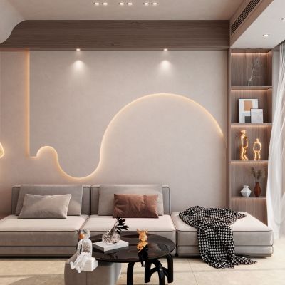 奶油诧寂风造型灯带沙发墙