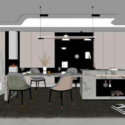  现代家居餐厅 餐桌岛台组合 酒柜 地毯 灯具 饰品